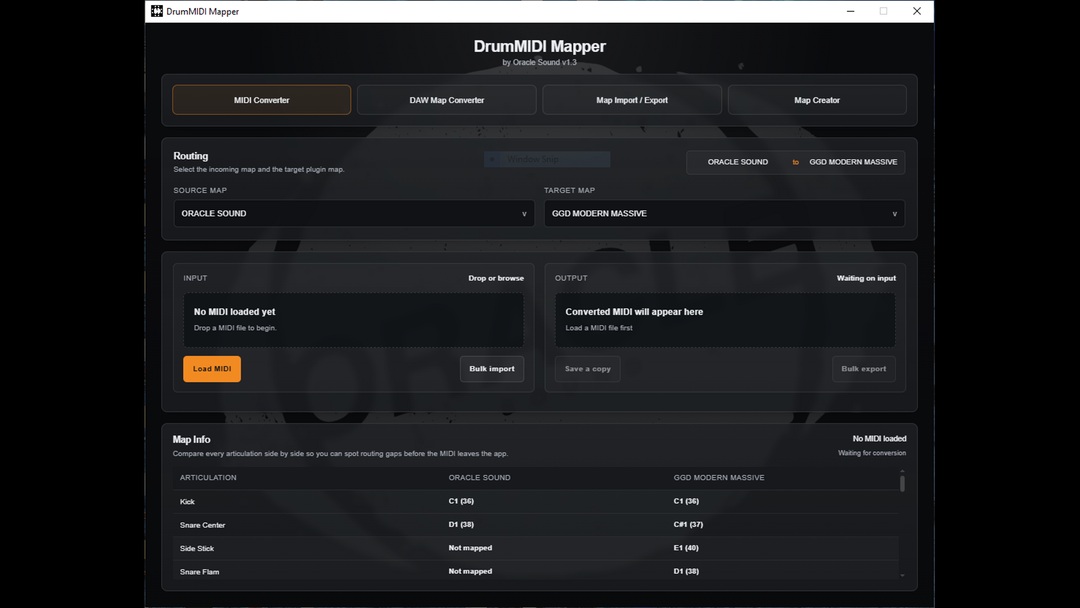 The DrumMIDI Mapper interface showing drum map conversion