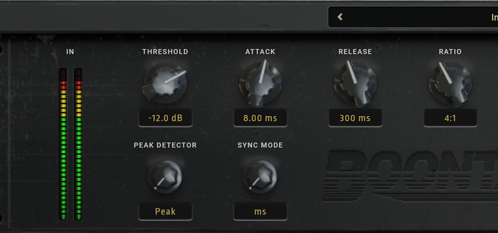 BOONTARIZER compressor plugin - threshold, attack, release and ratio controls with the peak/RMS detector and sync mode switches - Oracle Sound