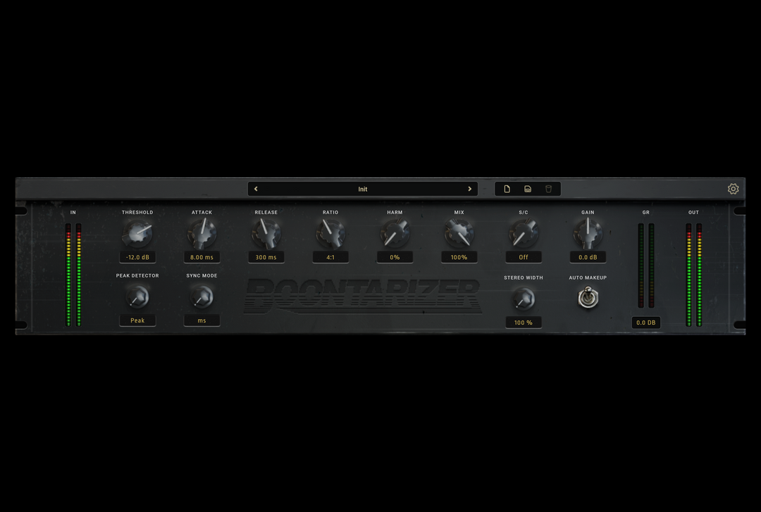 BOONTARIZER character compressor plugin - the full rack unit: threshold, attack, release, ratio, harm, mix, sidechain filter, gain, auto makeup and metering - Oracle Sound