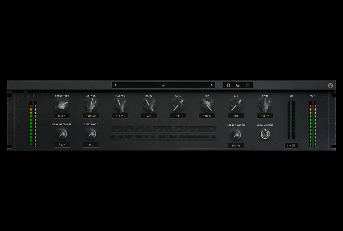 BOONTARIZER character compressor plugin - the full rack unit: threshold, attack, release, ratio, harm, mix, sidechain filter, gain, auto makeup and metering - Oracle Sound