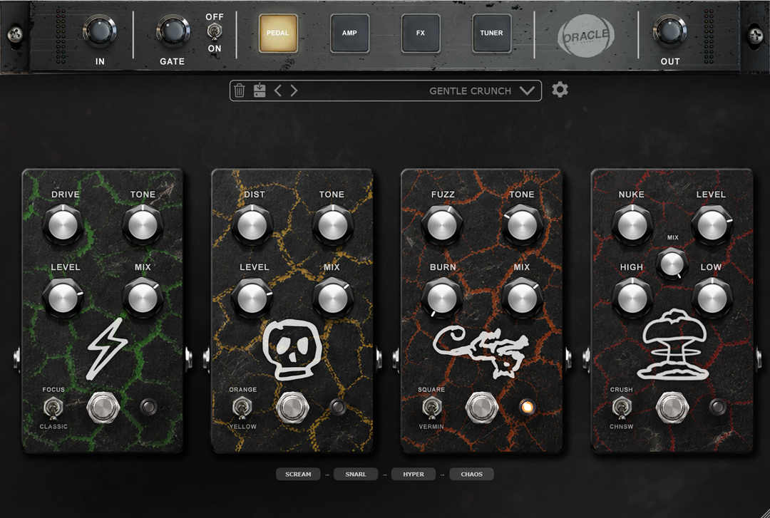 CATAMP amp sim plugin - pedal board with four switchable drive voicings - Oracle Sound