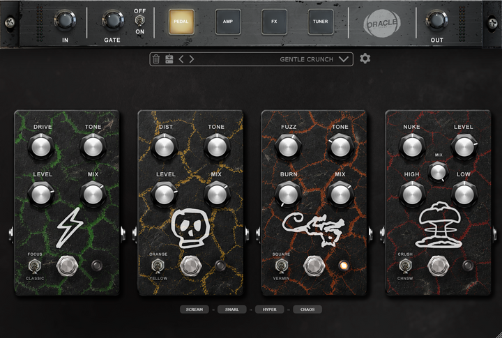 CATAMP amp sim plugin - pedal board with four switchable drive voicings - Oracle Sound