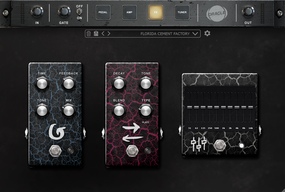 SLAMP amp sim plugin - effects section with delay, reverb and graphic EQ - Oracle Sound