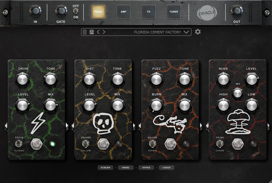 SLAMP amp sim plugin - pedal board with four switchable drive voicings - Oracle Sound
