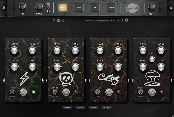 SLAMP amp sim plugin - pedal board with four switchable drive voicings - Oracle Sound