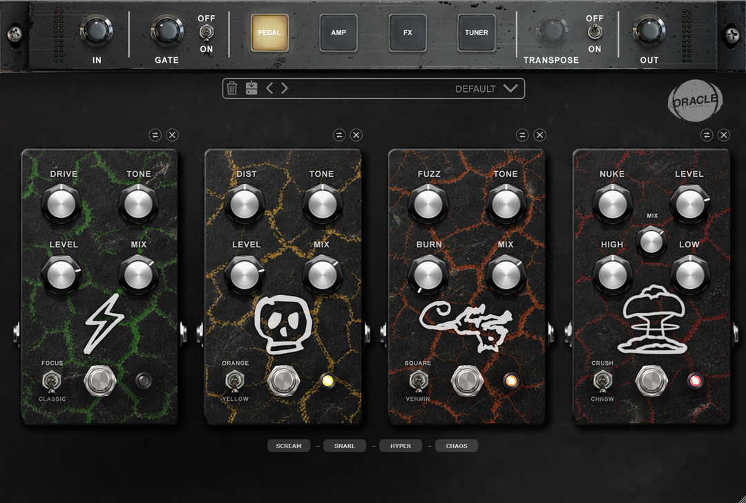 CATAMP v2.5 four-slot pedalboard with SCREAM, SNARL, HYPER and CHAOS - Oracle Sound