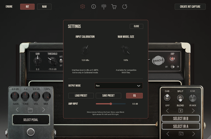 RITUAL 2 settings: input calibration, NAM model size, output mode, presets, EQ and amp input
