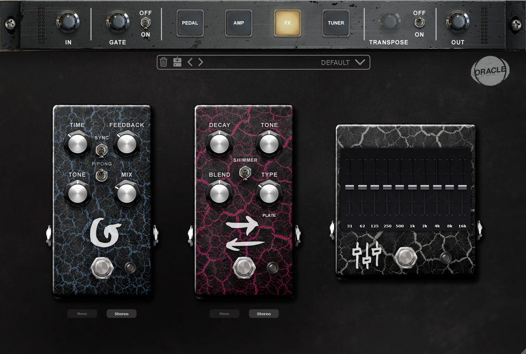 SLAMP v2.5 ECHO delay with tempo sync and ping-pong, CHAMBER reverb with shimmer, and CONTOUR graphic EQ - Oracle Sound